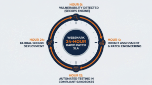 Circular 24-hour infographic timeline of the rapid patch security protocol by Webshark Corporation.