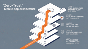 Zero-Trust mobile app architecture schematic showing ePHI data journey through five layers by Webshark Corporation.