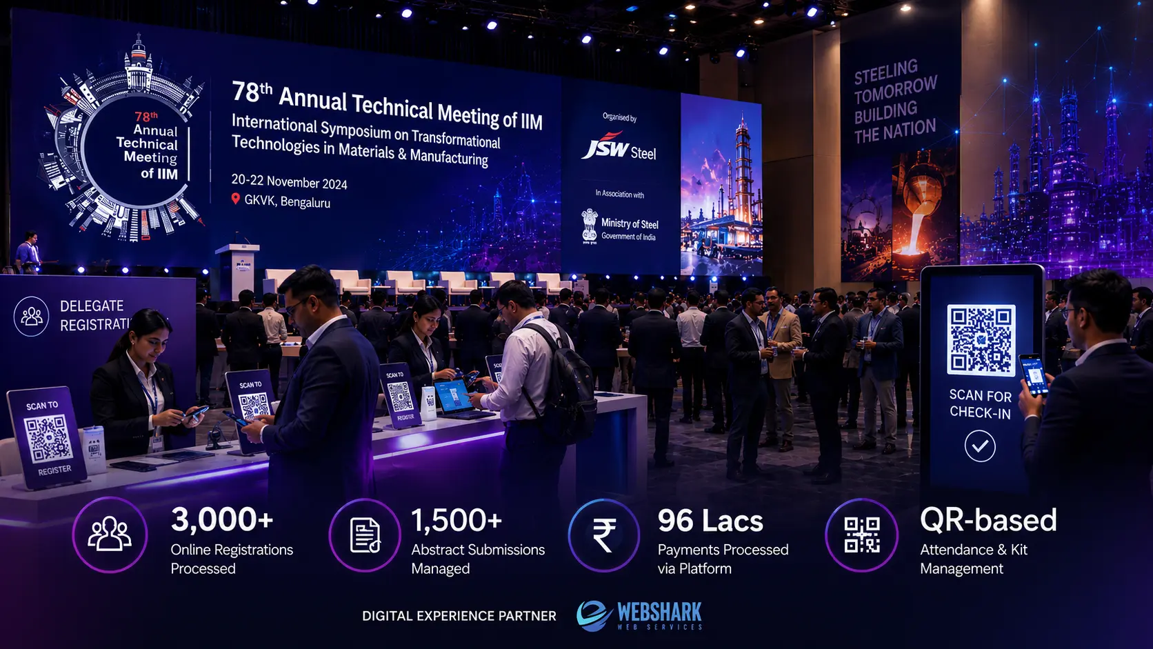 IIM ATM 2024 event technology platform for JSW Steel with QR check-in, online registrations, and conference management system.