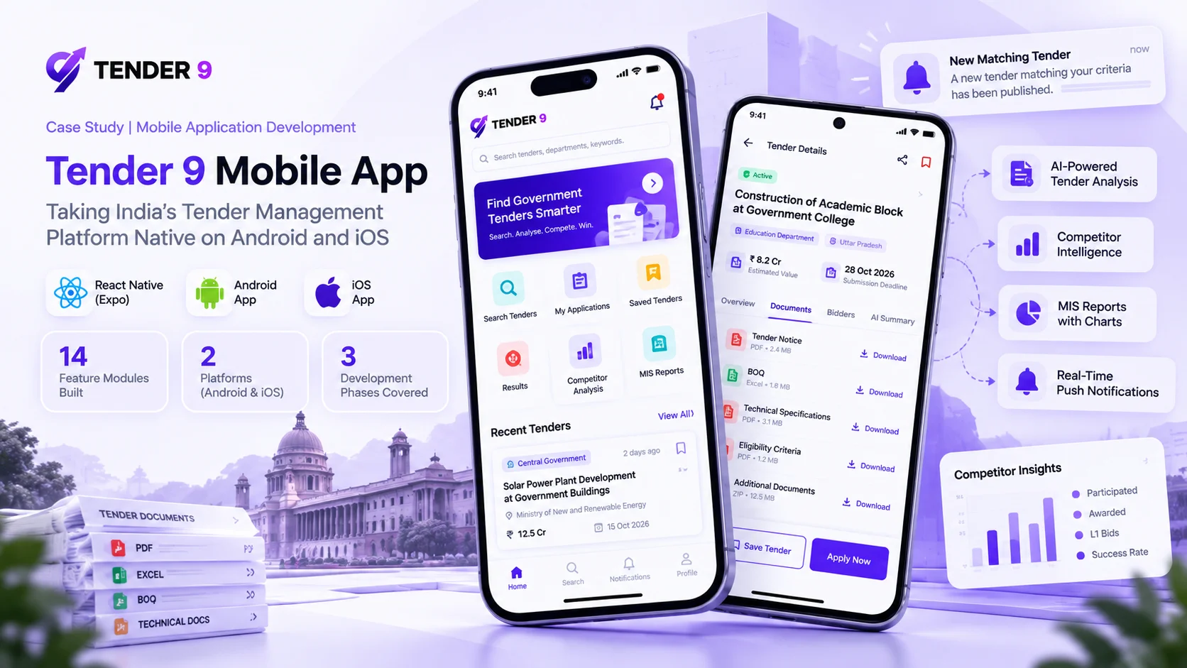 Tender 9 mobile app case study featuring React Native development for Android and iOS, tender discovery, AI-powered analysis, competitor analytics, and real-time push notifications by Webshark