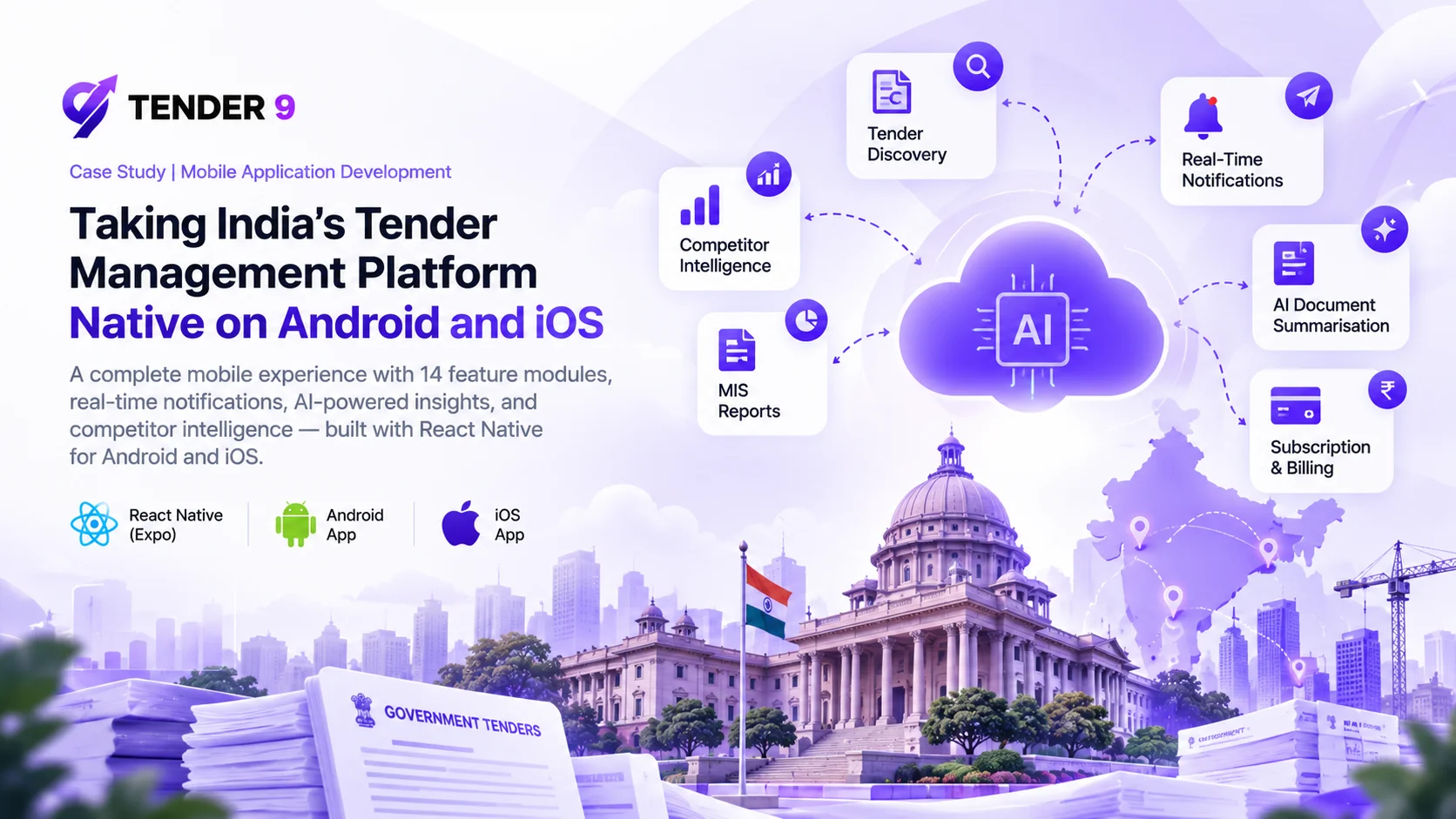 Tender 9 mobile app development case study featuring React Native for Android and iOS, AI-powered tender discovery, competitor intelligence, real-time notifications, and government procurement technology by Webshark